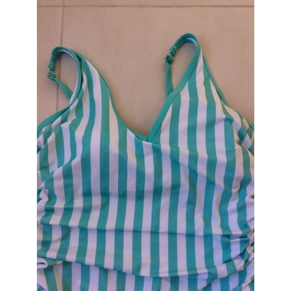 Kona Sol Swim One Piece Swimsuit Ruched Striped Summer Beach